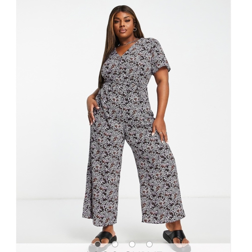 ASOS Floral Wide Leg Jumpsuit Womens 24 Purple V-Neck Short Sleeve‎ Drawstring